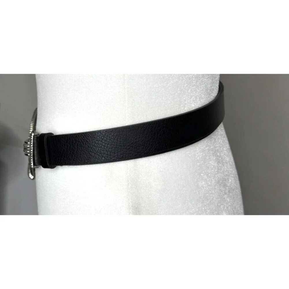 Chico's Black Leather Adjustable Belt Silver Hook Buckle Size M/L Retro Y2K